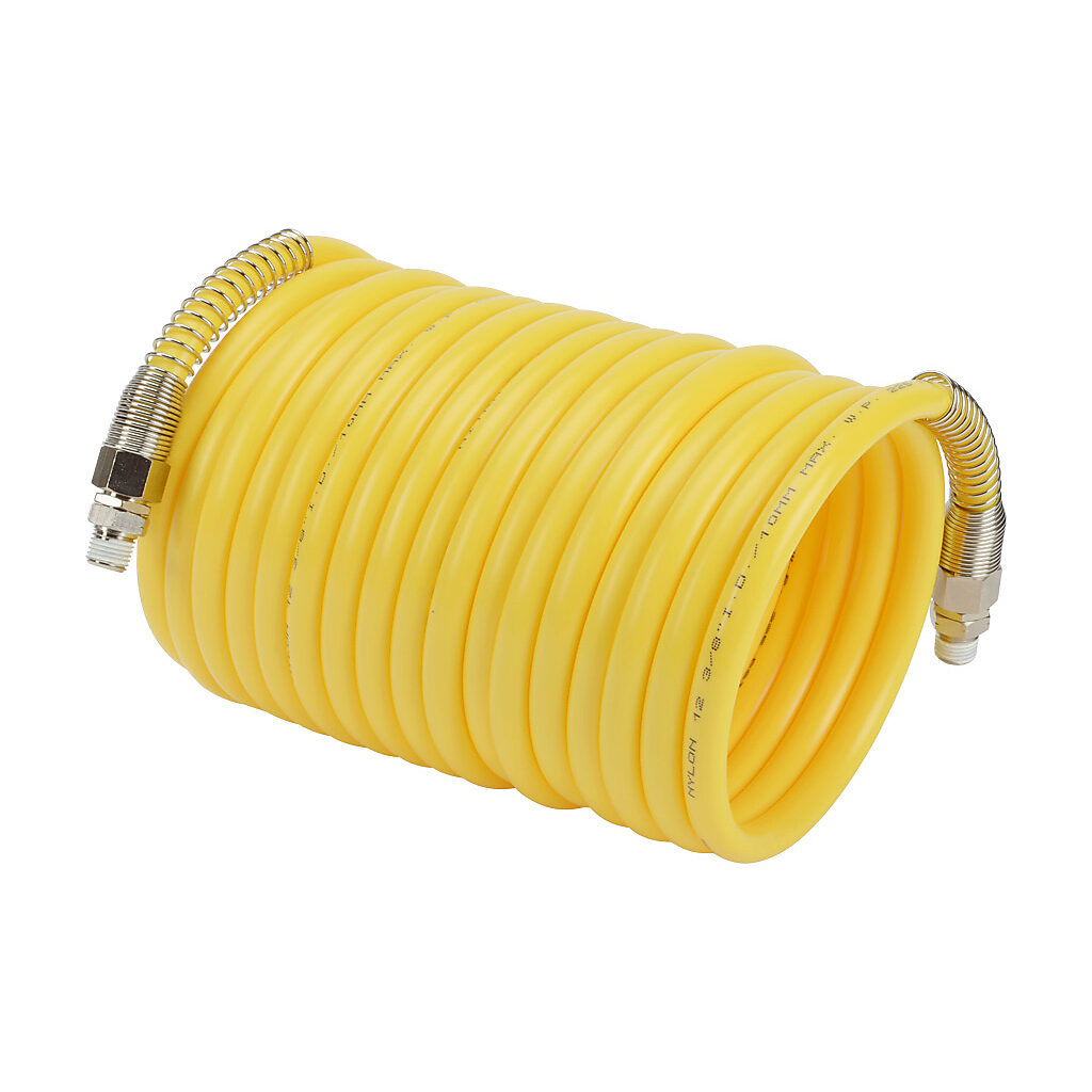 HN38C14-25YEL - NITRA pneumatic coiled hose, nylon 12, yellow, 3/8in inside diameter, 0.47in outside diameter, (2) 1/4in male NPT nickel-plated brass swivel fittings, 20ft working length.