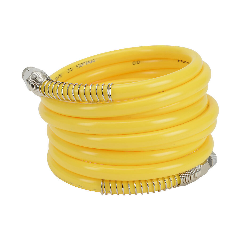 HN38C38-12YEL - NITRA pneumatic coiled hose, nylon 12, yellow, 3/8in inside diameter, 0.47in outside diameter, (2) 3/8in male NPT nickel-plated brass swivel fittings, 10ft working length.