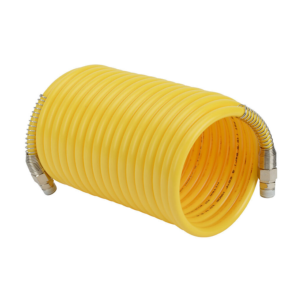 HN38C38-25YEL - NITRA pneumatic coiled hose, nylon 12, yellow, 3/8in inside diameter, 0.47in outside diameter, (2) 3/8in male NPT nickel-plated brass swivel fittings, 20ft working length.