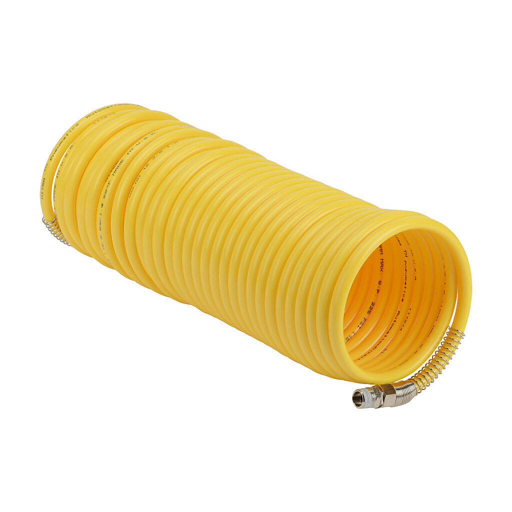 HN38C38-50YEL - NITRA pneumatic coiled hose, nylon 12, yellow, 3/8in inside diameter, 0.47in outside diameter, (2) 3/8in male NPT nickel-plated brass swivel fittings, 42ft working length.