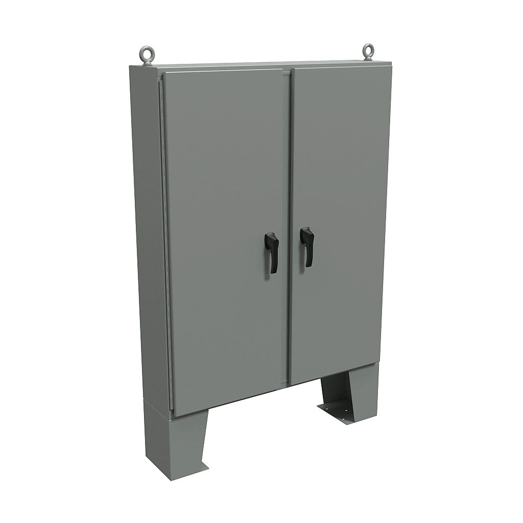 HN4FM604810 - Hammond enclosure, NEMA 3R/4/12/13, 60 x 48 x 10in (HxWxD), floor mount, carbon steel, ANSI 61 gray, powder coat finish, 2-door, 3-point padlocking handle.