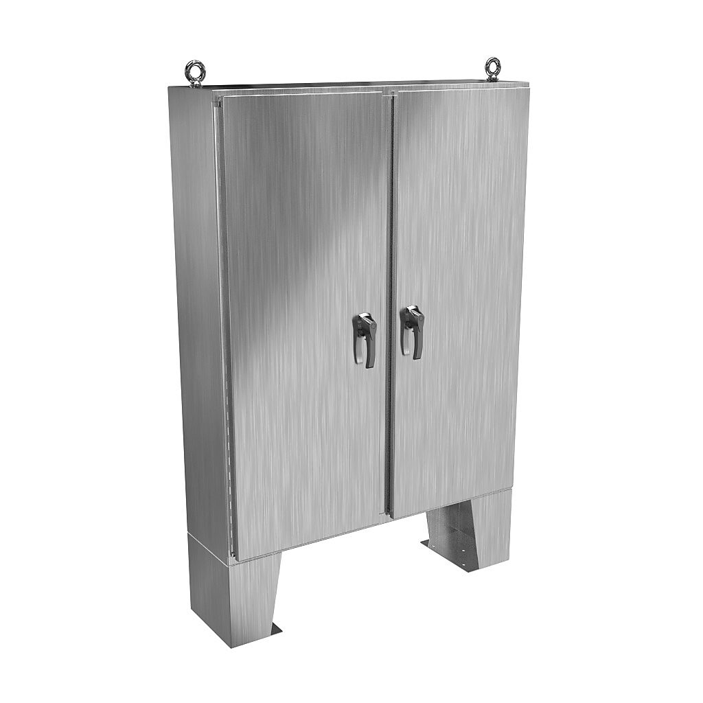 HN4FM604812S16 - Hammond enclosure, NEMA 3R/4X/12/13, 60 x 48 x 12in (HxWxD), floor mount, 316 stainless steel, #4 brush finish, 2-door, 3-point 316 stainless steel padlocking handle.