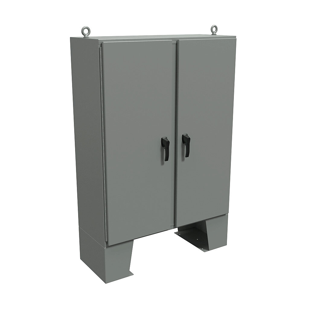 HN4FM604818 - Hammond enclosure, NEMA 3R/4/12/13, 60 x 48 x 18in (HxWxD), floor mount, carbon steel, ANSI 61 gray, powder coat finish, 2-door, 3-point padlocking handle.