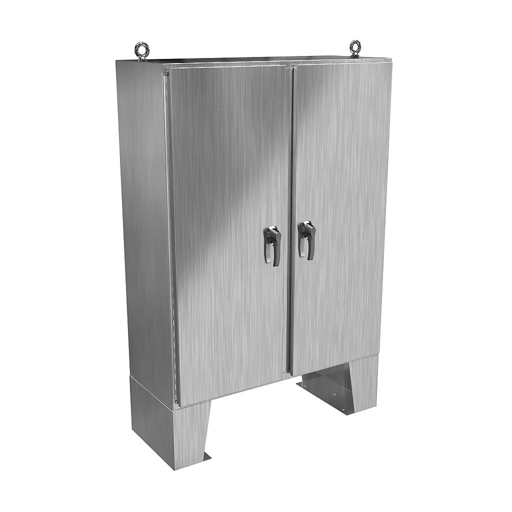 HN4FM604818S16 - Hammond enclosure, NEMA 3R/4X/12/13, 60 x 48 x 18in (HxWxD), floor mount, 316 stainless steel, #4 brush finish, 2-door, 3-point 316 stainless steel padlocking handle.