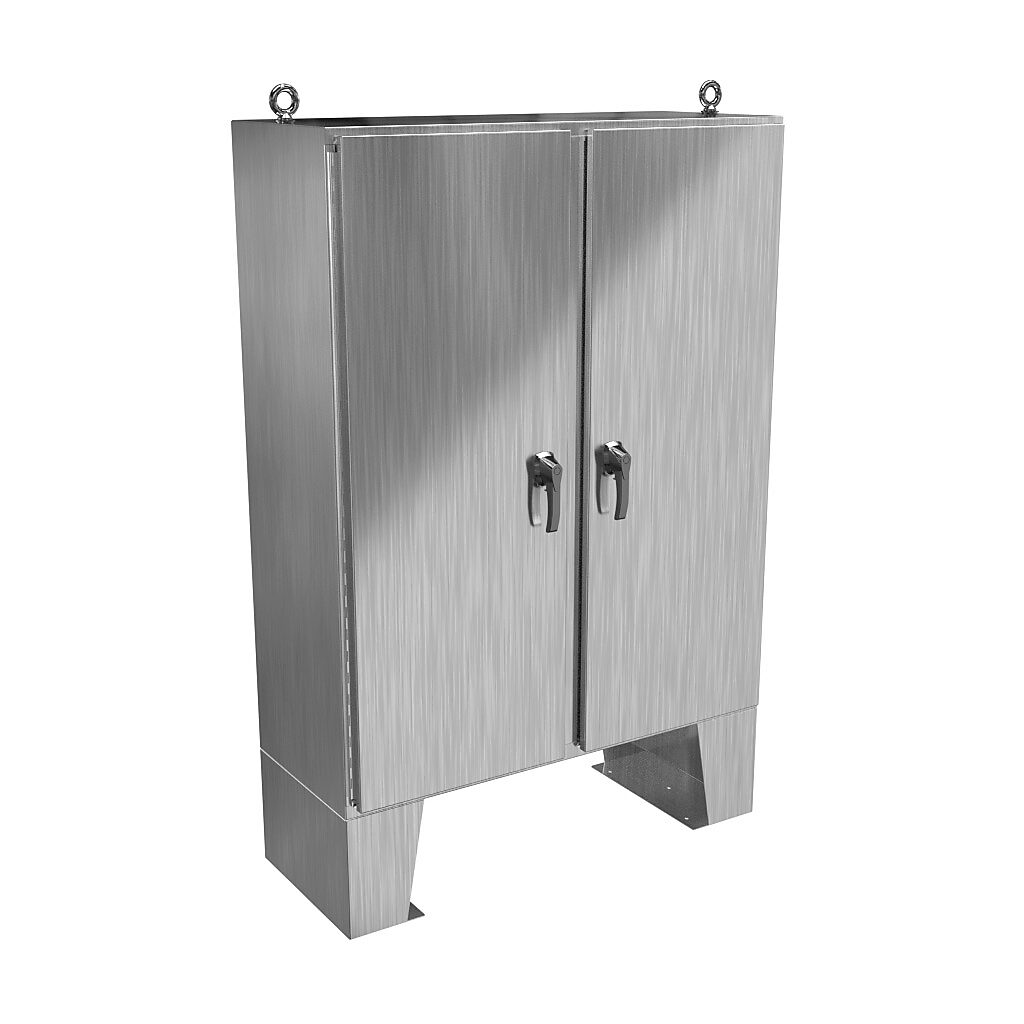 HN4FM604818SS - Hammond enclosure, NEMA 3R/4X/12/13, 60 x 48 x 18in (HxWxD), floor mount, 304 stainless steel, #4 brush finish, 2-door, 3-point 316 stainless steel padlocking handle.