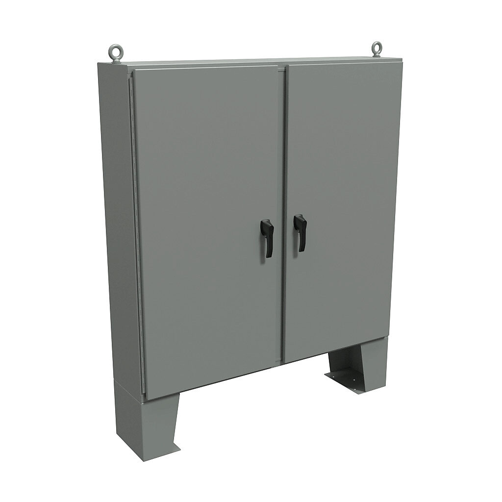 HN4FM606012 - Hammond enclosure, NEMA 3R/4/12/13, 60 x 60 x 12in (HxWxD), floor mount, carbon steel, ANSI 61 gray, powder coat finish, 2-door, 3-point padlocking handle.