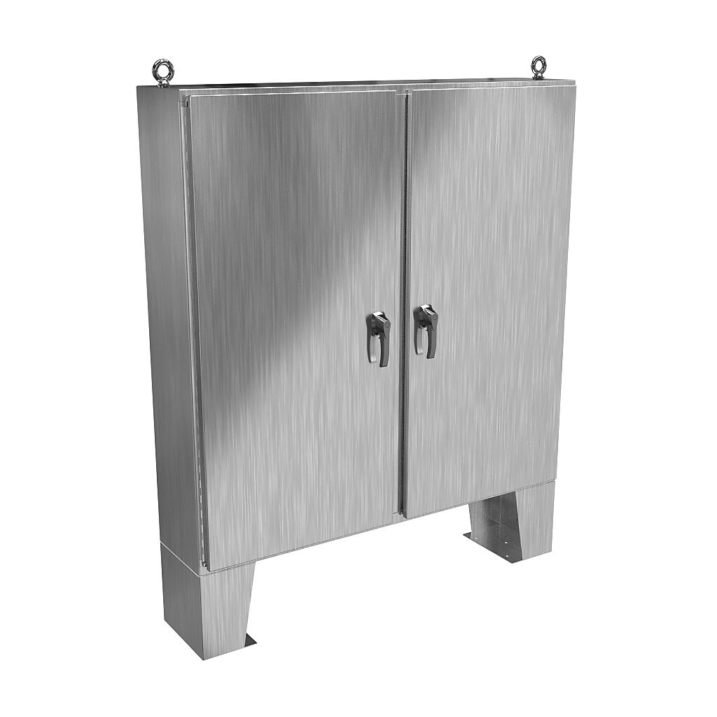 HN4FM606012S16 - Hammond enclosure, NEMA 3R/4X/12/13, 60 x 60 x 12in (HxWxD), floor mount, 316 stainless steel, #4 brush finish, 2-door, 3-point 316 stainless steel padlocking handle.