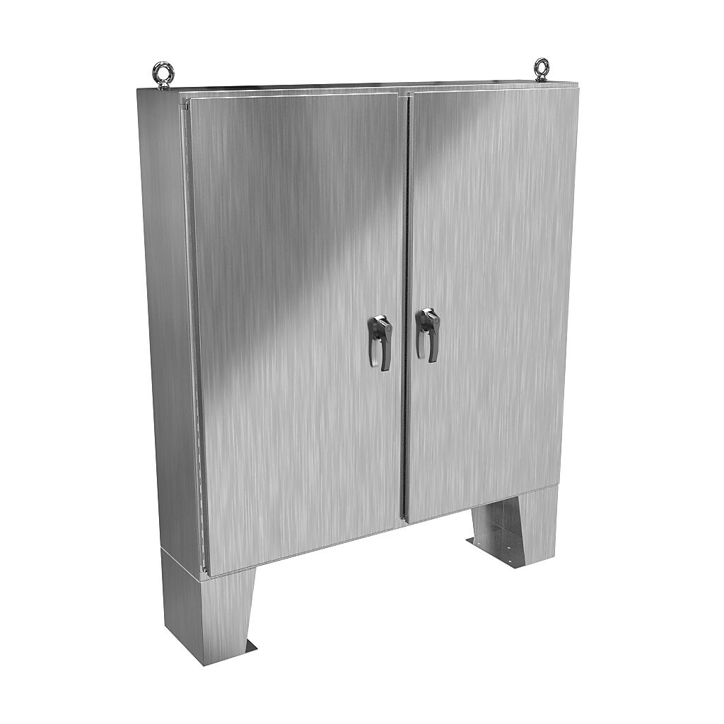 HN4FM606012SS - Hammond enclosure, NEMA 3R/4X/12/13, 60 x 60 x 12in (HxWxD), floor mount, 304 stainless steel, #4 brush finish, 2-door, 3-point 316 stainless steel padlocking handle.