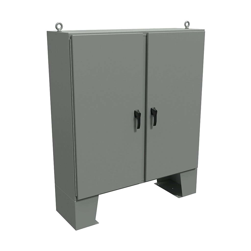 HN4FM606018 - Hammond enclosure, NEMA 3R/4/12/13, 60 x 60 x 18in (HxWxD), floor mount, carbon steel, ANSI 61 gray, powder coat finish, 2-door, 3-point padlocking handle.