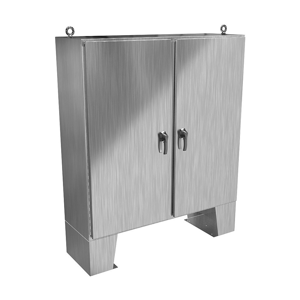 HN4FM606018SS - Hammond enclosure, NEMA 3R/4X/12/13, 60 x 60 x 18in (HxWxD), floor mount, 304 stainless steel, #4 brush finish, 2-door, 3-point 316 stainless steel padlocking handle.