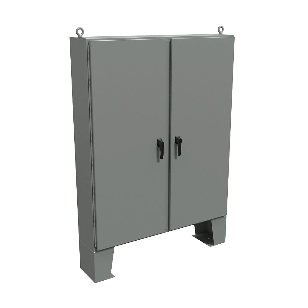 HN4FM726012 - Hammond enclosure, NEMA 3R/4/12/13, 72 x 60 x 12in (HxWxD), floor mount, carbon steel, ANSI 61 gray, powder coat finish, 2-door, 3-point padlocking handle.