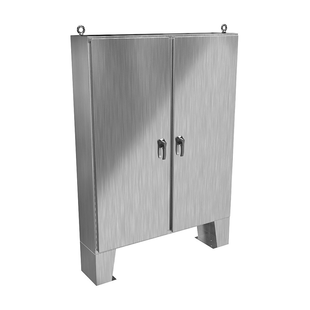 HN4FM726012S16 - Hammond enclosure, NEMA 3R/4X/12/13, 72 x 60 x 12in (HxWxD), floor mount, 316 stainless steel, #4 brush finish, 2-door, 3-point 316 stainless steel padlocking handle.