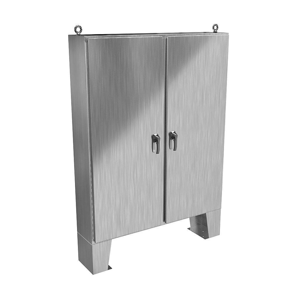 HN4FM726012SS - Hammond enclosure, NEMA 3R/4X/12/13, 72 x 60 x 12in (HxWxD), floor mount, 304 stainless steel, #4 brush finish, 2-door, 3-point 316 stainless steel padlocking handle.