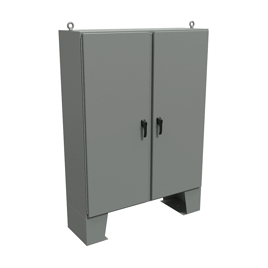 HN4FM726018 - Hammond enclosure, NEMA 3R/4/12/13, 72 x 60 x 18in (HxWxD), floor mount, carbon steel, ANSI 61 gray, powder coat finish, 2-door, 3-point padlocking handle.