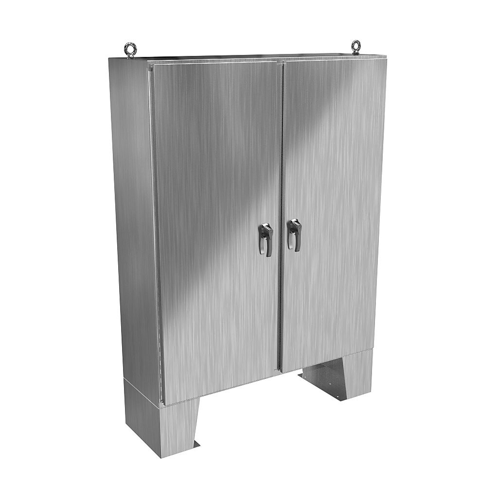 HN4FM726018S16 - Hammond enclosure, NEMA 3R/4X/12/13, 72 x 60 x 18in (HxWxD), floor mount, 316 stainless steel, #4 brush finish, 2-door, 3-point 316 stainless steel padlocking handle.
