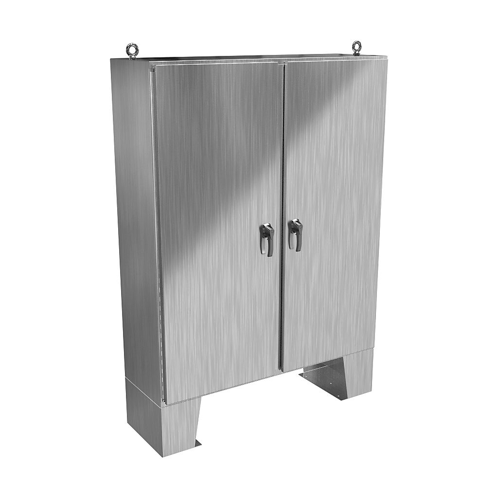 HN4FM726018SS - Hammond enclosure, NEMA 3R/4X/12/13, 72 x 60 x 18in (HxWxD), floor mount, 304 stainless steel, #4 brush finish, 2-door, 3-point 316 stainless steel padlocking handle.