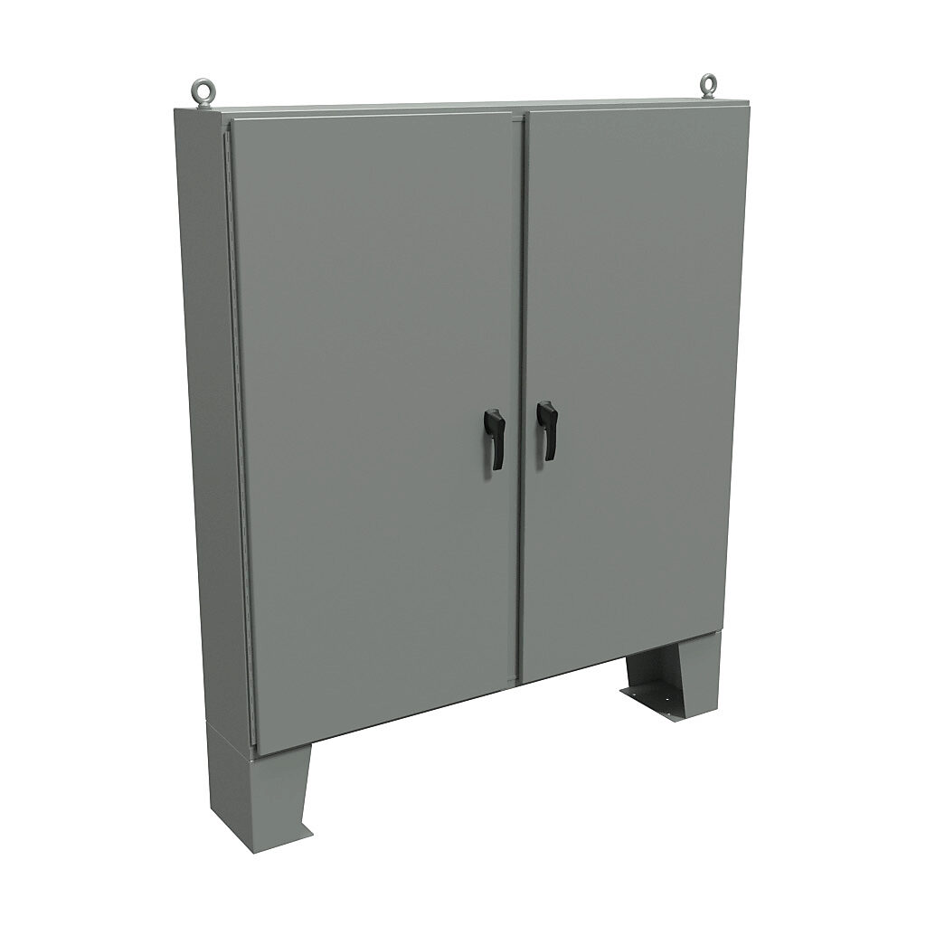 HN4FM727212 - Hammond enclosure, NEMA 3R/4/12/13, 72 x 72 x 12in (HxWxD), floor mount, carbon steel, ANSI 61 gray, powder coat finish, 2-door, 3-point padlocking handle.