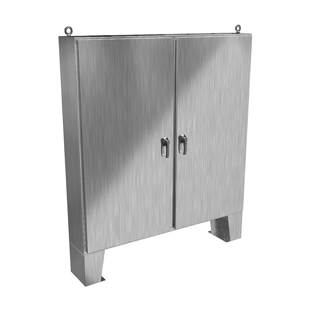 HN4FM727212S16 - Hammond enclosure, NEMA 3R/4X/12/13, 72 x 72 x 12in (HxWxD), floor mount, 316 stainless steel, #4 brush finish, 2-door, 3-point 316 stainless steel padlocking handle.