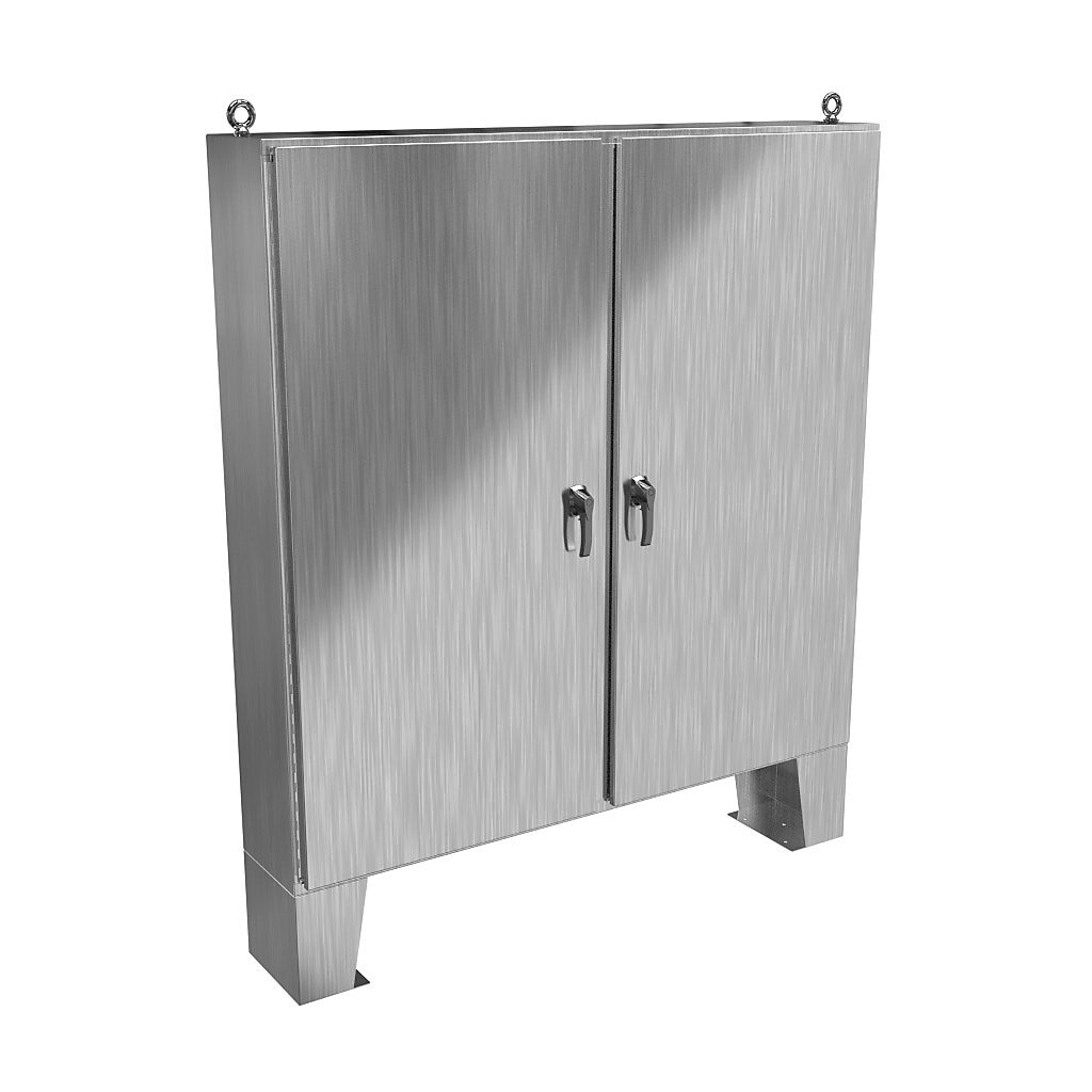 HN4FM727212SS - Hammond enclosure, NEMA 3R/4X/12/13, 72 x 72 x 12in (HxWxD), floor mount, 304 stainless steel, #4 brush finish, 2-door, 3-point 316 stainless steel padlocking handle.