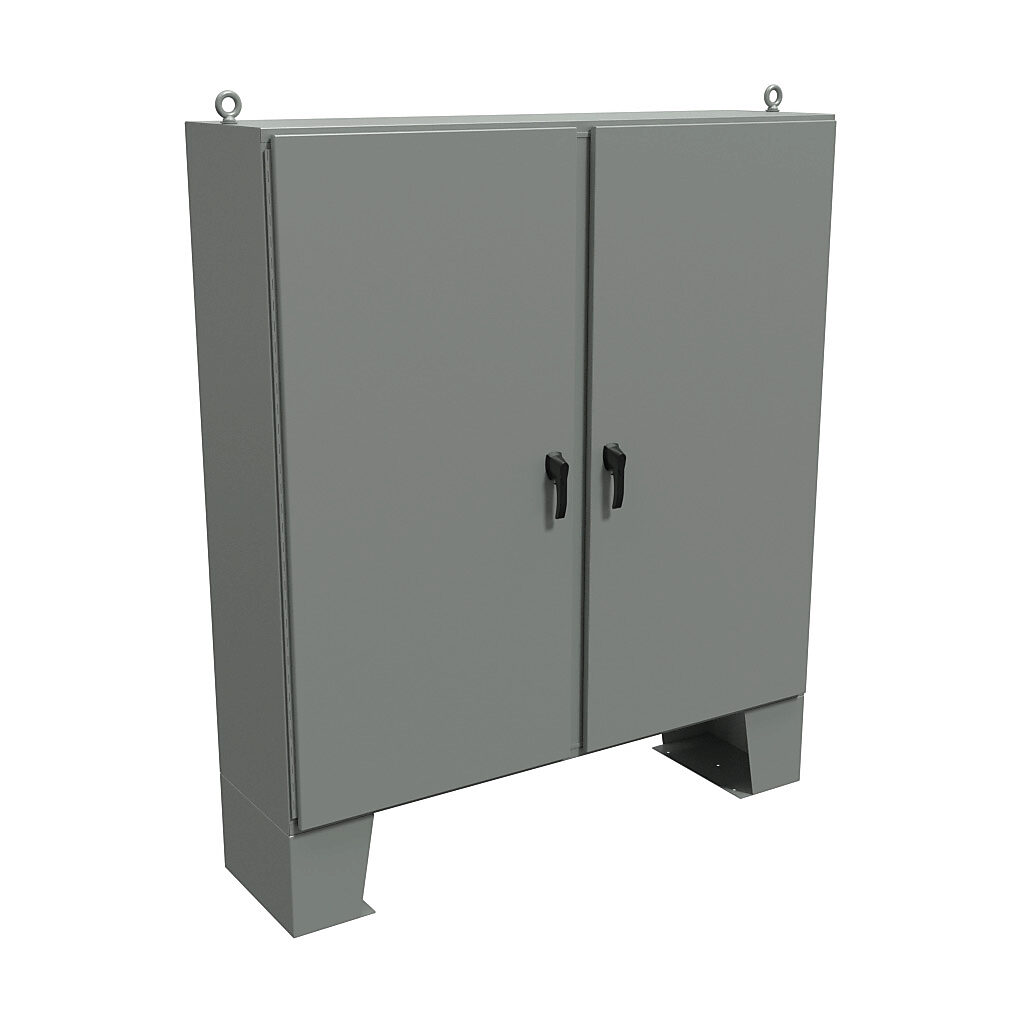 HN4FM727218 - Hammond enclosure, NEMA 3R/4/12/13, 72 x 72 x 18in (HxWxD), floor mount, carbon steel, ANSI 61 gray, powder coat finish, 2-door, 3-point padlocking handle.