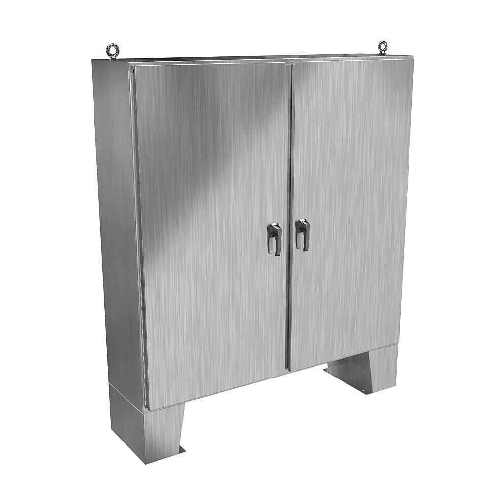HN4FM727218S16 - Hammond enclosure, NEMA 3R/4X/12/13, 72 x 72 x 18in (HxWxD), floor mount, 316 stainless steel, #4 brush finish, 2-door, 3-point 316 stainless steel padlocking handle.