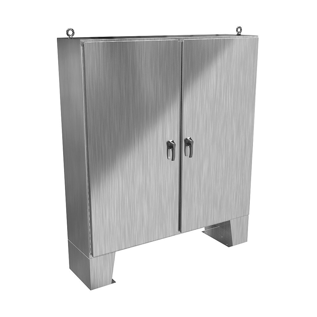 HN4FM727218SS - Hammond enclosure, NEMA 3R/4X/12/13, 72 x 72 x 18in (HxWxD), floor mount, 304 stainless steel, #4 brush finish, 2-door, 3-point 316 stainless steel padlocking handle.