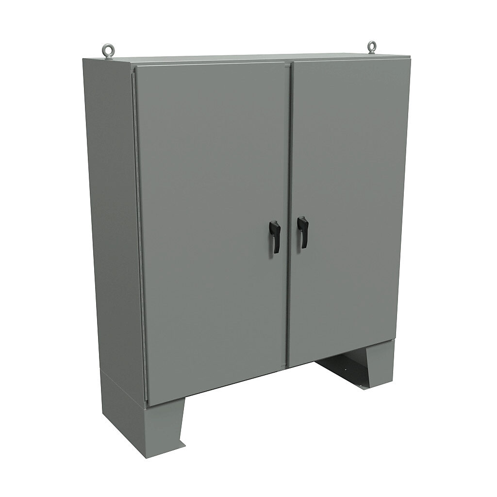HN4FM727224 - Hammond enclosure, NEMA 3R/4/12/13, 72 x 72 x 24in (HxWxD), floor mount, carbon steel, ANSI 61 gray, powder coat finish, 2-door, 3-point padlocking handle.