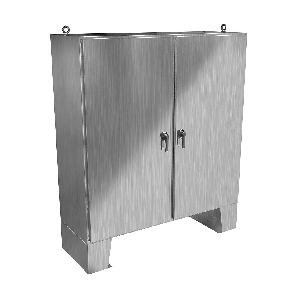 HN4FM727224S16 - Hammond enclosure, NEMA 3R/4X/12/13, 72 x 72 x 24in (HxWxD), floor mount, 316 stainless steel, #4 brush finish, 2-door, 3-point 316 stainless steel padlocking handle.