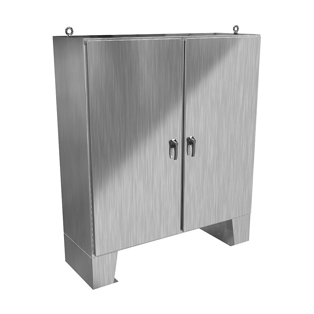 HN4FM727224SS - Hammond enclosure, NEMA 3R/4X/12/13, 72 x 72 x 24in (HxWxD), floor mount, 304 stainless steel, #4 brush finish, 2-door, 3-point 316 stainless steel padlocking handle.