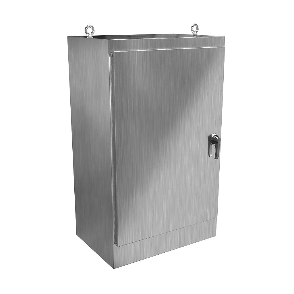 HN4FS603624S16 - Hammond enclosure, NEMA 3R/4/4X/12/13, 60 x 36 x 24in (HxWxD), freestanding, 316 stainless steel, #4 brush finish, single-door, 3-point 316 stainless steel padlocking handle.