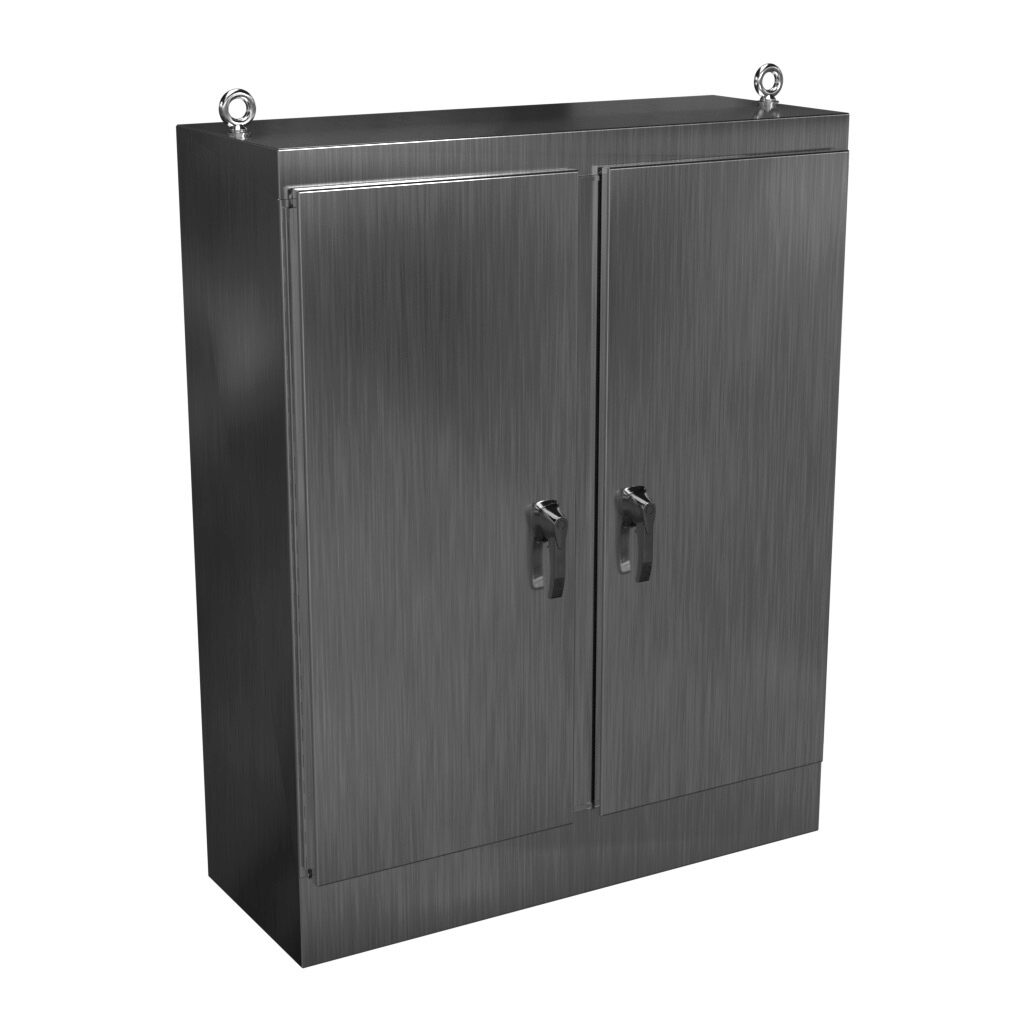 HN4FS604818SS - Hammond enclosure, NEMA 3R/4X/12/13, 60 x 48 x 18in (HxWxD), freestanding, 304 stainless steel, #4 brush finish, double-door, 3-point 316 stainless steel padlocking handle.