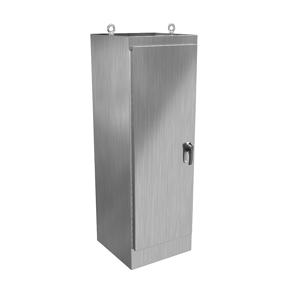 HN4FS722424DS16 - Hammond enclosure, NEMA 3R/4/4X/12/13, 72 x 24 x 24in (HxWxD), freestanding, dual access, 316 stainless steel, #4 brush finish, single-door, 3-point 316 stainless steel padlocking handle.