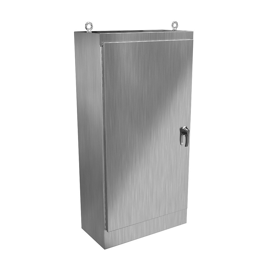 HN4FS723618S16 - Hammond enclosure, NEMA 3R/4/4X/12/13, 72 x 36 x 18in (HxWxD), freestanding, 316 stainless steel, #4 brush finish, single-door, 3-point 316 stainless steel padlocking handle.