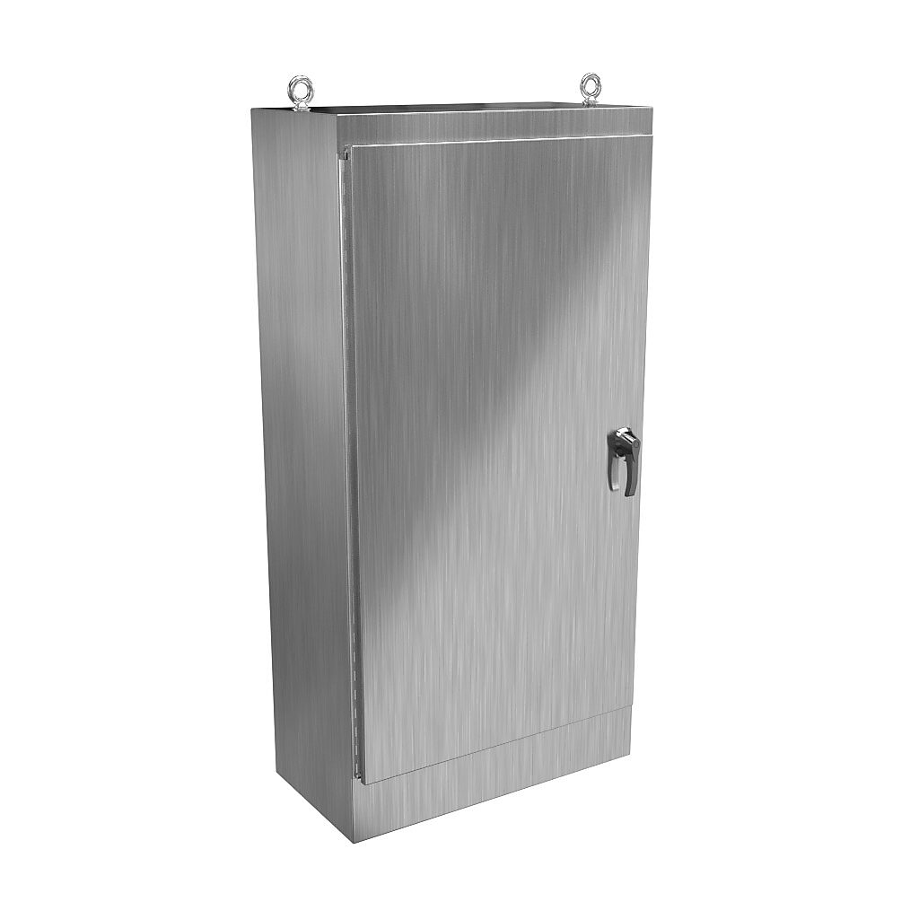 HN4FS723618SS - Hammond enclosure, NEMA 3R/4/4X/12/13, 72 x 36 x 18in (HxWxD), freestanding, 304 stainless steel, #4 brush finish, single-door, 3-point 316 stainless steel padlocking handle.