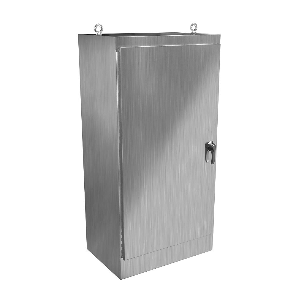 HN4FS723624SS - Hammond enclosure, NEMA 3R/4/4X/12/13, 72 x 36 x 24in (HxWxD), freestanding, 304 stainless steel, #4 brush finish, single-door, 3-point 316 stainless steel padlocking handle.