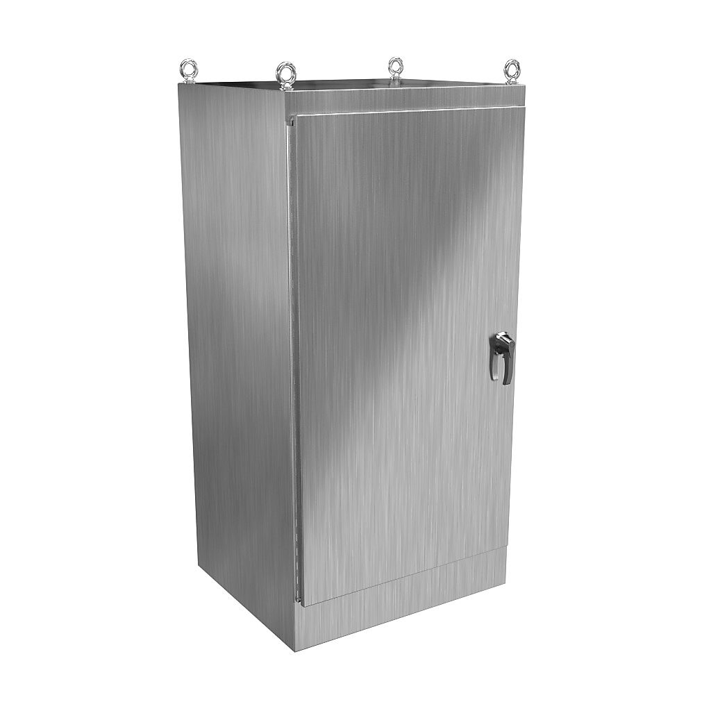 HN4FS723630SS - Hammond enclosure, NEMA 3R/4/4X/12/13, 72 x 36 x 30in (HxWxD), freestanding, 304 stainless steel, #4 brush finish, single-door, 3-point 316 stainless steel padlocking handle.