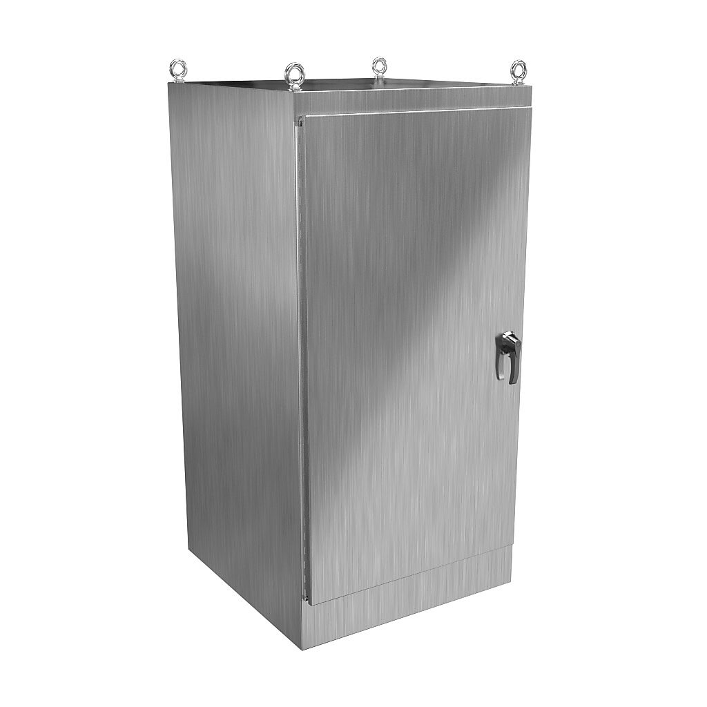HN4FS723636DS16 - Hammond enclosure, NEMA 3R/4/4X/12/13, 72 x 36 x 36in (HxWxD), freestanding, dual access, 316 stainless steel, #4 brush finish, single-door, 3-point 316 stainless steel padlocking handle.