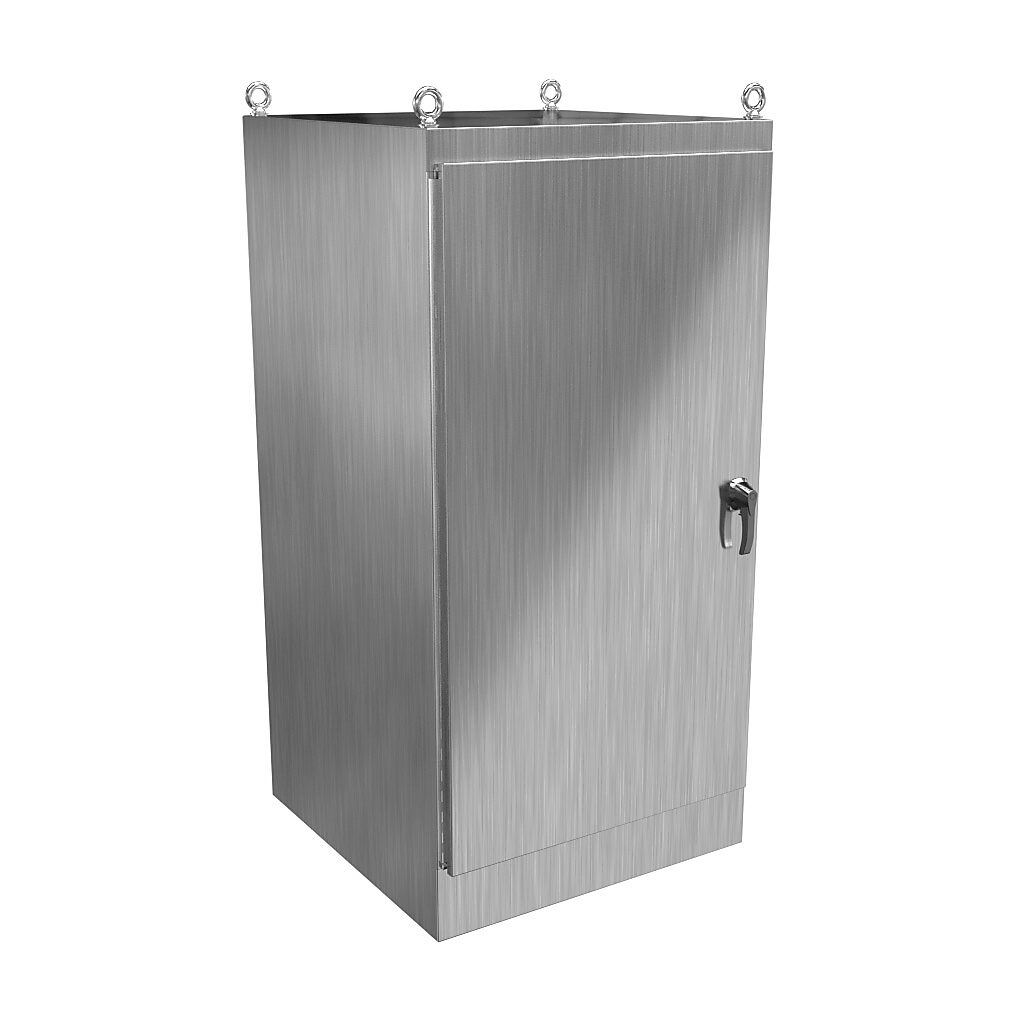 HN4FS723636SS - Hammond enclosure, NEMA 3R/4/4X/12/13, 72 x 36 x 36in (HxWxD), freestanding, 304 stainless steel, #4 brush finish, single-door, 3-point 316 stainless steel padlocking handle.