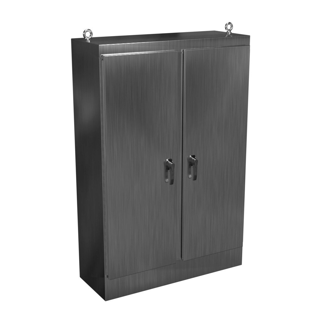 HN4FS724818SS - Hammond enclosure, NEMA 3R/4X/12/13, 72 x 48 x 18in (HxWxD), freestanding, 304 stainless steel, #4 brush finish, double-door, 3-point 316 stainless steel padlocking handle.