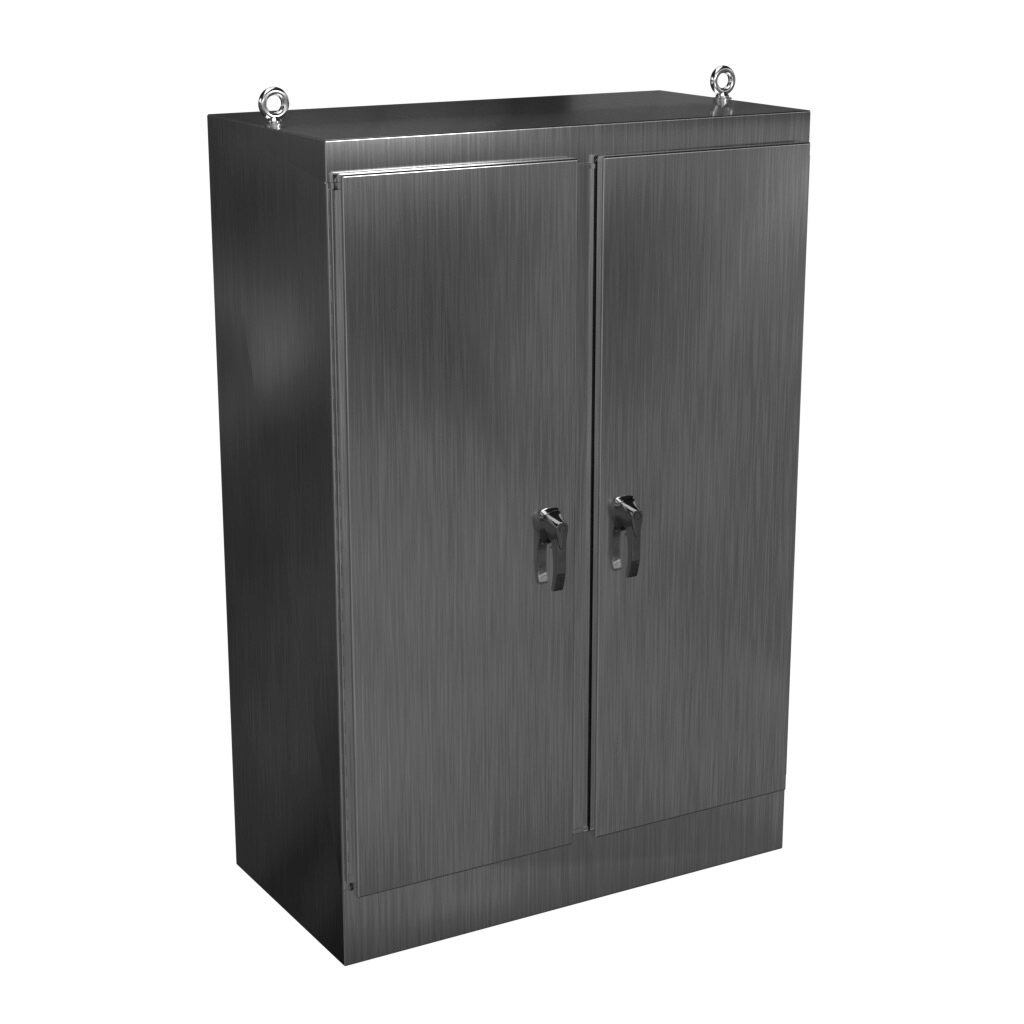 HN4FS724824SS - Hammond enclosure, NEMA 3R/4X/12/13, 72 x 48 x 24in (HxWxD), freestanding, 304 stainless steel, #4 brush finish, double-door, 3-point 316 stainless steel padlocking handle.