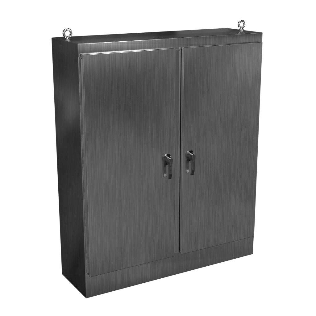 HN4FS726018SS - Hammond enclosure, NEMA 3R/4X/12/13, 72 x 60 x 18in (HxWxD), freestanding, 304 stainless steel, #4 brush finish, double-door, 3-point 316 stainless steel padlocking handle.