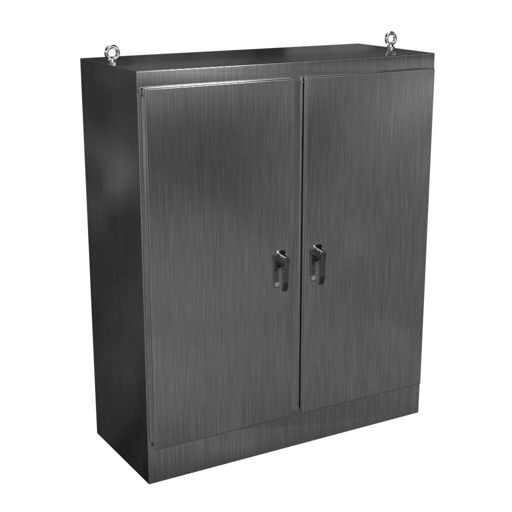 HN4FS726024SS - Hammond enclosure, NEMA 3R/4X/12/13, 72 x 60 x 24in (HxWxD), freestanding, 304 stainless steel, #4 brush finish, double-door, 3-point 316 stainless steel padlocking handle.