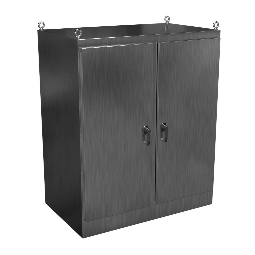HN4FS726036DASS - Hammond enclosure, NEMA 3R/4X/12/13, 72 x 60 x 36in (HxWxD), freestanding, dual access, 304 stainless steel, #4 brush finish, double-door, 3-point 316 stainless steel padlocking handle.