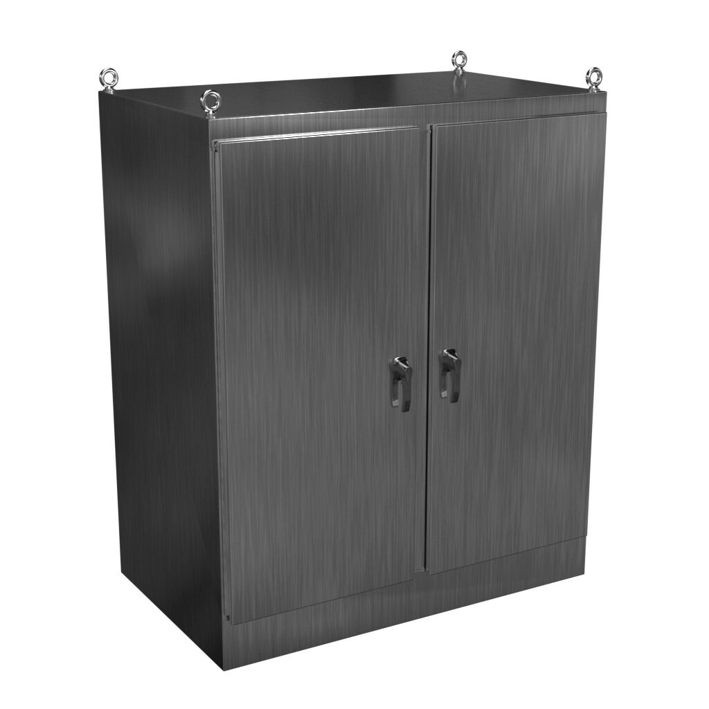 HN4FS726036SS - Hammond enclosure, NEMA 3R/4X/12/13, 72 x 60 x 36in (HxWxD), freestanding, 304 stainless steel, #4 brush finish, double-door, 3-point 316 stainless steel padlocking handle.