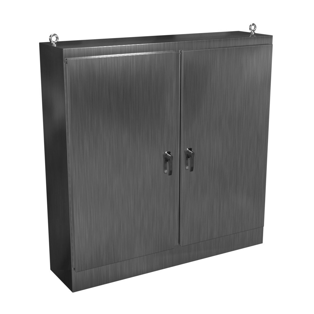 HN4FS727218SS - Hammond enclosure, NEMA 3R/4X/12/13, 72 x 72 x 18in (HxWxD), freestanding, 304 stainless steel, #4 brush finish, double-door, 3-point 316 stainless steel padlocking handle.