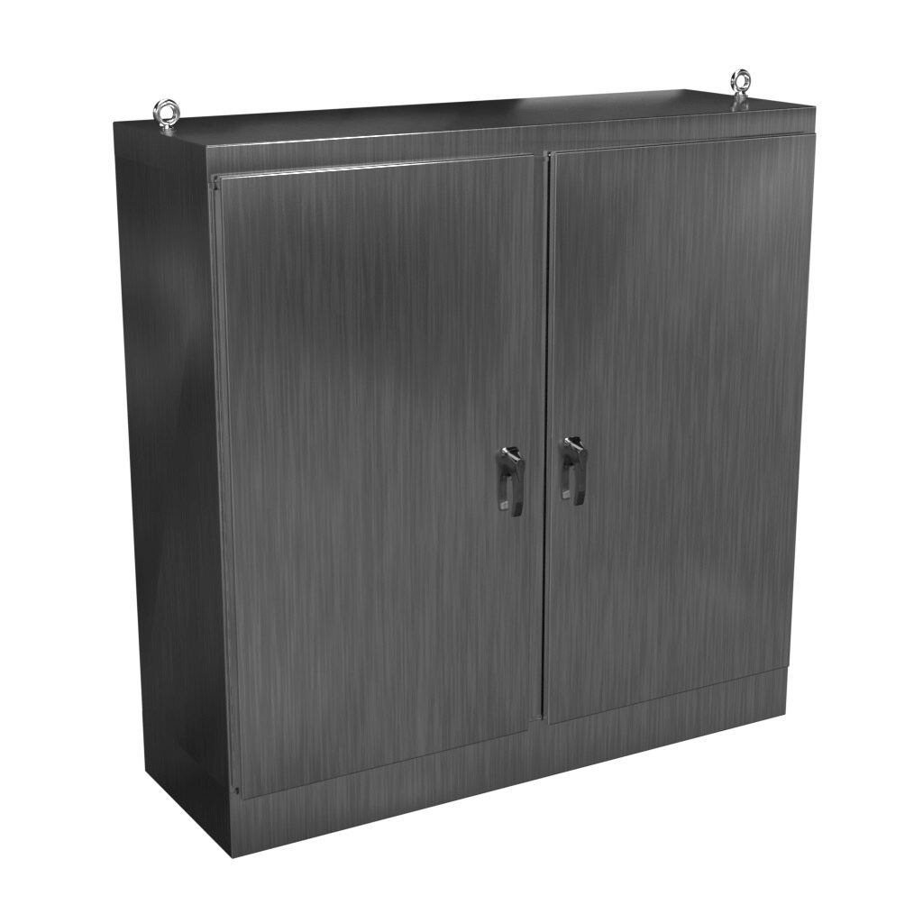 HN4FS727224DASS - Hammond enclosure, NEMA 3R/4X/12/13, 72 x 72 x 24in (HxWxD), freestanding, dual access, 304 stainless steel, #4 brush finish, double-door, 3-point 316 stainless steel padlocking handle.