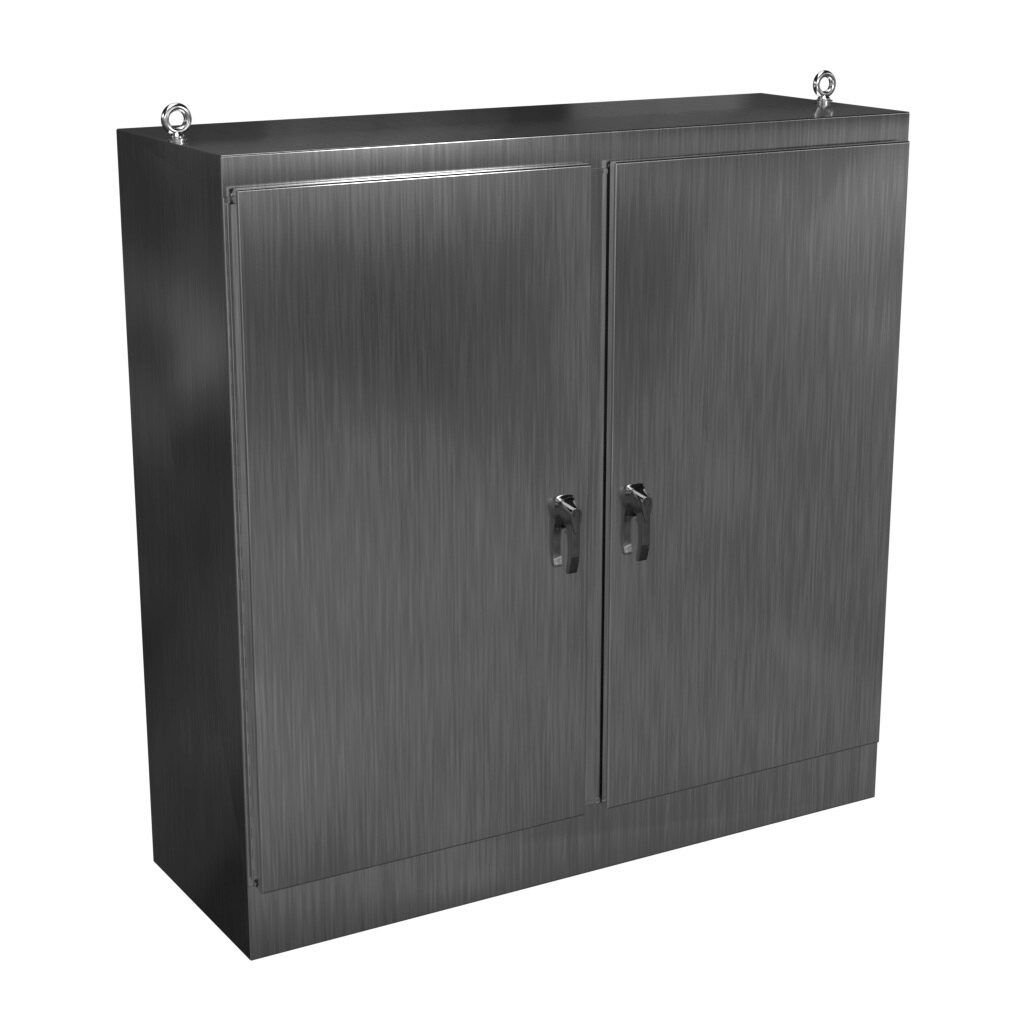HN4FS727224SS - Hammond enclosure, NEMA 3R/4X/12/13, 72 x 72 x 24in (HxWxD), freestanding, 304 stainless steel, #4 brush finish, double-door, 3-point 316 stainless steel padlocking handle.