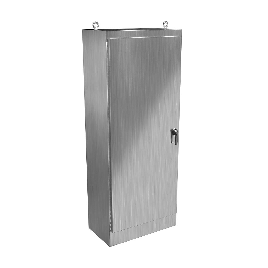 HN4FS903620SS - Hammond enclosure, NEMA 3R/4/4X/12/13, 90 x 36 x 20in (HxWxD), freestanding, 304 stainless steel, #4 brush finish, single-door, 3-point 316 stainless steel padlocking handle.