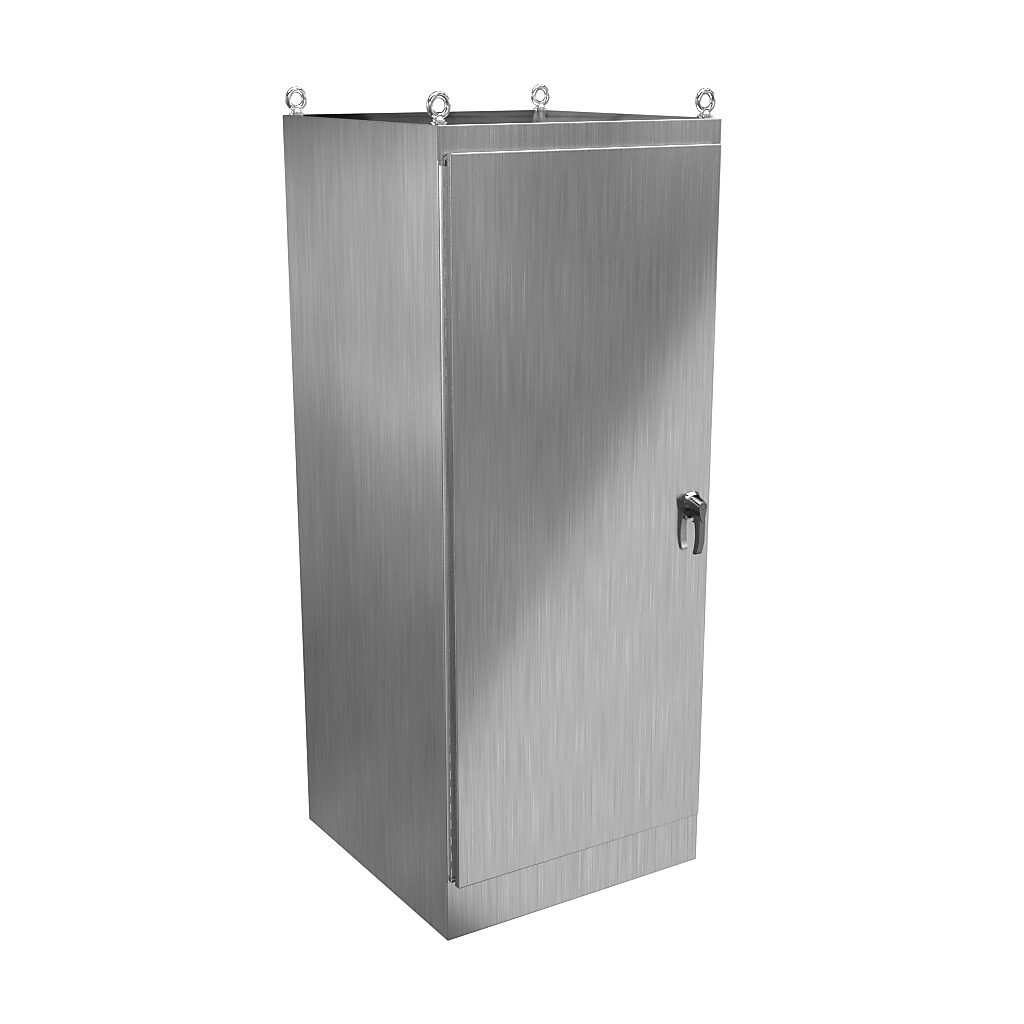 HN4FS903636DS16 - Hammond enclosure, NEMA 3R/4/4X/12/13, 90 x 36 x 36in (HxWxD), freestanding, dual access, 316 stainless steel, #4 brush finish, single-door, 3-point 316 stainless steel padlocking handle.
