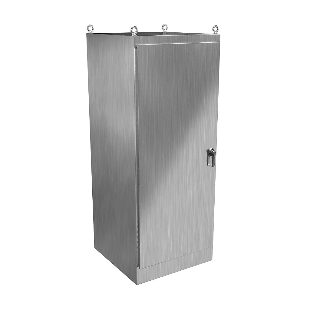 HN4FS903636SS - Hammond enclosure, NEMA 3R/4/4X/12/13, 90 x 36 x 36in (HxWxD), freestanding, 304 stainless steel, #4 brush finish, single-door, 3-point 316 stainless steel padlocking handle.